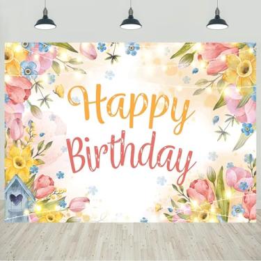 Imagem de 2,1 x 1,5 m Primavera Feliz Aniversário Pano de Fundo Fotográfico Flores Coloridas Vegetação para Mulheres Meninas Decorações de Festa de Aniversário Retratos Banner Foto Studio Adereços