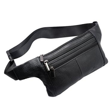 Imagem de Vidlea Pochete de bolso triplo, bolsa de cintura de couro legítimo, bolsa de ombro fina, alça de cinto ajustável, bolsa casual para uso ao ar livre, Preto, One Size, Clássico