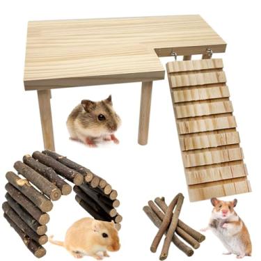 Imagem de Niwaes Plataforma de madeira para hamster com pernas, pequenos hamsters sírios, plataformas de escalada com kit de rampa, ponte, escada de madeira, brinquedo para brincar de rato, mesa em pé