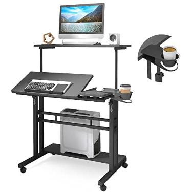Imagem de Panta Mesa de pé móvel, mesa de computador de rolamento ajustável com 3 desktops, mesa portátil para laptop com suporte para copo de mesa, estação de trabalho para laptop para escritório em casa em rodas bloqueáveis, preta