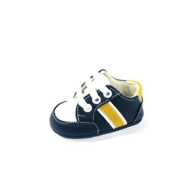 Imagem de Bebê-Sapatinhos recém-nascido primeiros passos forrado com tecido espumado14ao20 baby 1801B (Azul Branco Mostarda, BR, Bebê, Numérico, 19)