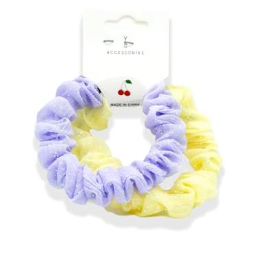 Imagem de Conjunto de 2 peças de laços de cabelo de cetim de seda - pequeno pequeno pequeno elástico elástico elástico rabo-de-cavalo elástico para cabelos cacheados grossos (Amarelo+Roxo)