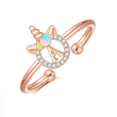 Imagem de CIVOKINA Anéis de unicórnio para meninas, banhado a ouro 14K, banhado a ouro rosa/prata esterlina para crianças, lindos anéis de letras ajustáveis para meninas adolescentes, hipoalergênicos, não