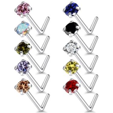 Imagem de Gnznzko 18G 20G 22G Anéis de nariz de titânio de aço inoxidável para mulheres anéis de nariz em forma de L brincos de nariz parafuso piercing de nariz joias para mulheres CZ 1,5 mm 2 mm 2,5 mm 3 mm 10