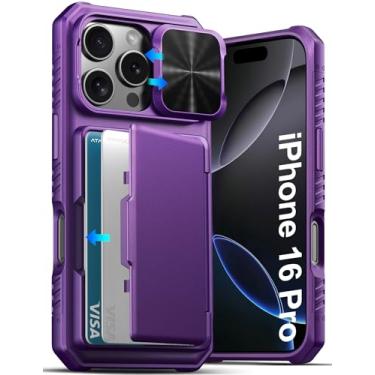 Imagem de ATATOO Capa carteira para iPhone 16 Pro com suporte para cartão (loja de 3 a 5 cartões) e capa de lente deslizante, proteção de nível militar, capa de celular robusta à prova de choque para iPhone 16