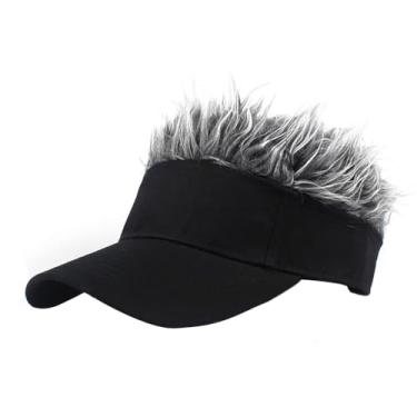 Imagem de Viseira masculina com cabelo falso chapéu viseira para homens chapéus de sol engraçados novidade bonés de peruca de beisebol com cabelo espetado, preto + cinza