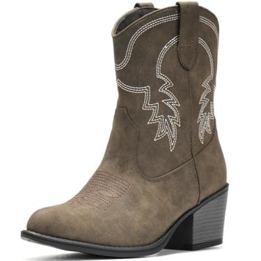 Imagem de IXU Botas femininas caubói, cano baixo, cowgirl, botas ocidentais, cano médio, bico fino, curto, grosso, clássico, cinza camelo EUA 6-10,5, Cinza, 39