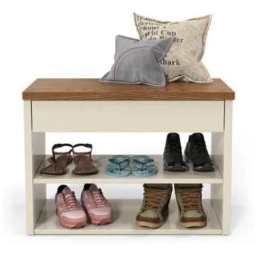 Imagem de Sapateira Caixa Multiuso Sapatos Quarto Banco Sentar Calçadeira para Hall de Entrada Retrô Decoração Hall 1 Gaveta (Offwhite/Freijó)