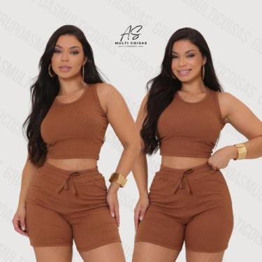 Imagem de Conjunto feminino short e blusinha cropped nadador em malha canelada c