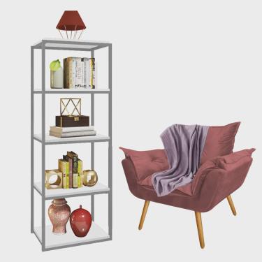 Imagem de Kit Poltrona Fatte com Manta Soft Lilás e Estante Livreiro Ferro Cinza mdf Branco Suede Rose Gold - Ahazzo Móveis