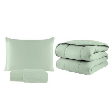 Imagem de Kit Edredom Liso de Malha 100% Algodão Dupla Face com Viés com Jogo de Lençol e Fronha com Zíper (Verde Menta, Solteiro)