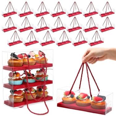 Imagem de Thenshop Conjunto de 20 caixas transparentes para cupcake 23 x 7,6 x 7,6 cm, embalagem portátil de pastelaria com alça de corda, inserções e 3 compartimentos para armazenamento de muffins e