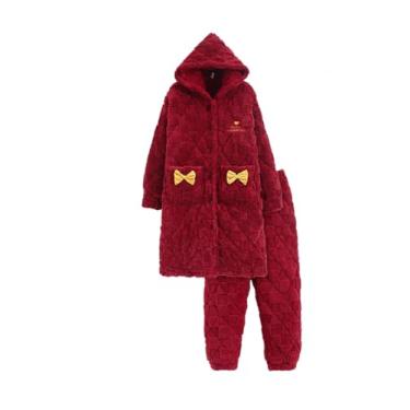 Imagem de Conjunto de pijamas de casal grande vermelho coral veludo três camadas de algodão sanduíche modelos de inverno roupão e calças masculinas, vermelho feminino G