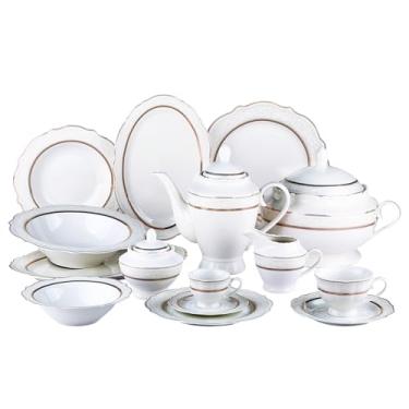 Imagem de Aparelho de jantar Trésor em new bone china 50 peças branco com relevo e filado dourado
