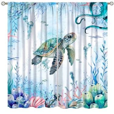 Imagem de Cortinas de tartaruga, desenhos animados em aquarela, animais marinhos, polvo, concha, cavalo-marinho, água-viva, tratamento de janela blackout, cortinas com isolamento térmico para crianças, meninos