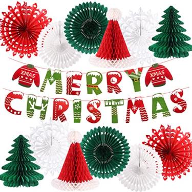 Imagem de Decorações de festa de Natal, faixa de feliz Natal, chapéus de Papai Noel, flocos de neve, papel e árvore de Natal, bola de colmeia para festa de Natal, feriado, decoração de casa