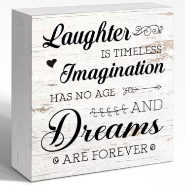 Imagem de WUZYOU Decoração de parede com sinal de caixa de madeira de afirmação inspiradora, Laughter Is Timeless Wood Block Signature, decoração motivacional para mesa de escritório em casa, prateleira de mesa