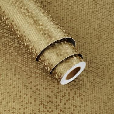 Imagem de Wallderful Papel de parede metálico hexagonal dourado descasque e cole bancadas à prova d'água, papel de contato metálico com colmeia texturizado, papel de parede de metal para armário de cozinha