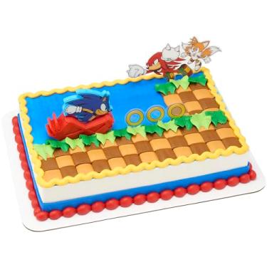 Imagem de DecoSet Sonic The Hedgehog Cake Topper, 3-Piece Decoration Set With Tails & Knuckles Cake Pic, Rings Cake Pic And Rolling Sonic Action Figurine, For Birthday And Celebrations