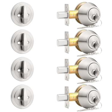 Imagem de Probrico Pacote com 4 fechaduras de cilindro único, níquel acetinado, fechadura de porta lateral com chave para porta externa e interna, todas com chave igual