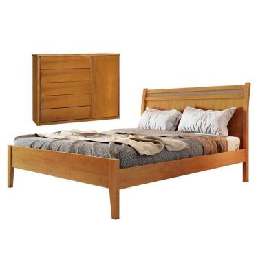 Imagem de Conjunto Quarto De Casal Cama Madeira Maciça Detalhe Rattan E Cômoda 5 Gavetas Com Sapateira Unique Amêndoa Mel