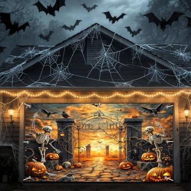 Imagem de Decoração de porta de garagem Halloween 2,8 x 4,6 m caveira noite de boas-vindas lua cheia abóbora corvo foto decorações assustadoras ramo de árvore doces ou travessuras festa exterior interior banner