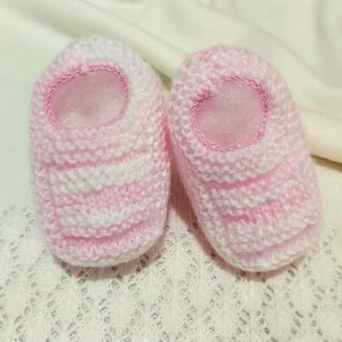 Imagem de Sapatinho de Bebê de Tricô Rosa e Branco - 0 a 3 meses 100% Lã Antialérgica