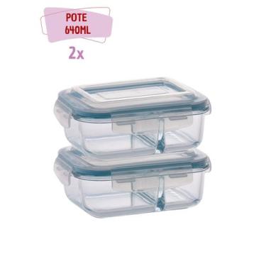 Imagem de Kit 2 Marmitas de Vidro com Divisória 640ml Tampa Hermética Ideal p/ M