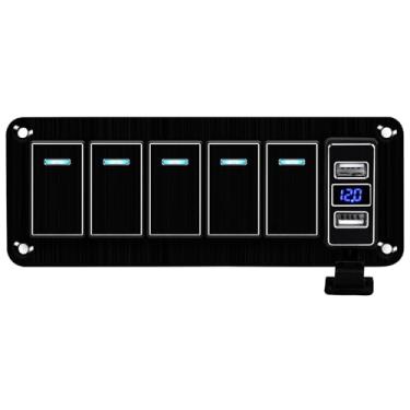 Imagem de Painel de interruptor basculante de 5 gangues com carregador USB duplo de 4,8 Amp Voltímetro à prova d'água 12-24 V interruptor basculante pré-fio para carro automotivo, barco marítimo, Rv