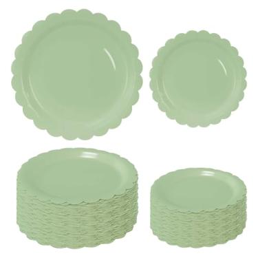 Imagem de FALIZIFU 50 peças de pratos de papel recortado verde sálvia 65 × 19 cm e 65 × 23 cm pratos descartáveis de jantar recortados de sálvia para casamento, chá de bebê, festa de aniversário, prato de