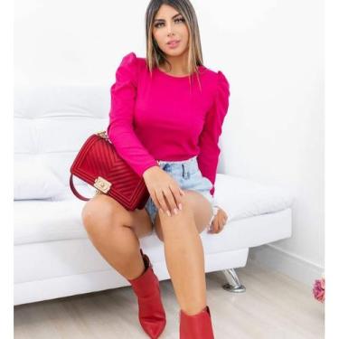 Imagem de Blusa manga longa princesa bufante malha canelada tendência blogueira 