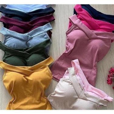 Imagem de Blusa feminina canelada ombro a ombro manga cavada com bojo tendencia 