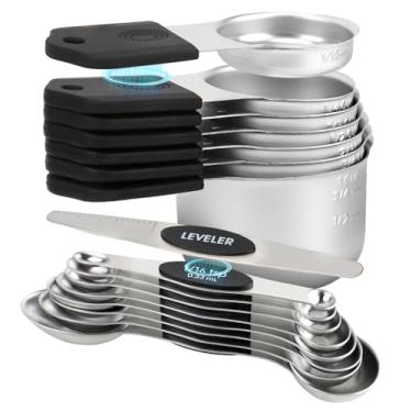 Imagem de Conjunto de copos e colheres de medição de aço inoxidável com 16 peças, design magnético forte, 7 xícaras, 8 colheres com nivelador, marcações de medição dupla para ingredientes secos e líquidos