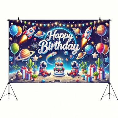 Imagem de BlissYard Espaço Feliz Aniversário Fotografia Fundo Astronauta Foguete Pano de Fundo Banner 71 x 43 Polegadas para Crianças Meninos Celebrações de Aniversário Decorações de Festa Galáxia Planeta Festa