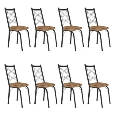 Imagem de Kit 8 Cadeiras de Cozinha Delaware Estampado Rattan Bege Pés de Ferro Preto - Pallazio