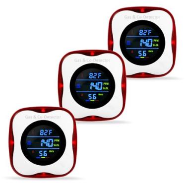 Imagem de 3 pacotes de detectores de gás e monóxido de carbono, alarme de monóxido de carbono, detector de gás natural, propano, display digital 4 em 1, nível de CO e gás explosivo e ° F e umidade para casa