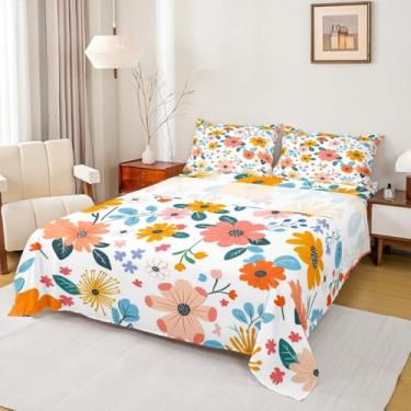 Imagem de Castle Fairy Jogo de lençol Queen com flores, floral, anos 90, elegante, para quarto de meninos, meninas, laranja, rosa, azul, macio, lençol com elástico, 4 peças