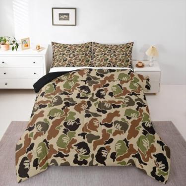 Imagem de Conjunto de edredom infantil camuflado, tamanho casal, camuflado, macaco, para crianças, meninos, meninas, decoração de caça, verde, marrom, preto, microfibra, ultramacia, respirável