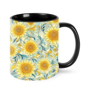 Imagem de opshksog Caneca de café de girassol 325 ml, xícara de chá de cerâmica com alça, canecas de porcelana engraçadas para mulheres, lavável na lava-louças e no micro-ondas