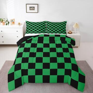 Imagem de Feelyou Jogo de cama quadriculado para adolescentes e homens, verde, preto, xadrez, tamanho solteiro, retrô, neutro, quadriculado, geométrico, vintage, decoração de quarto
