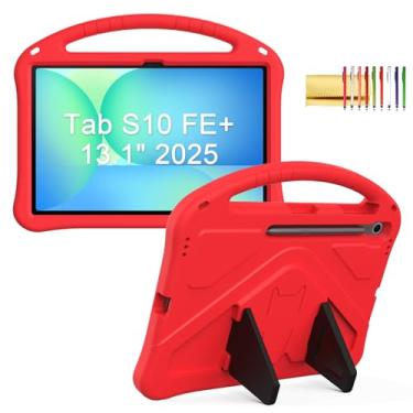 Imagem de Capa infantil para Samsung Galaxy Tab S10 FE+ (Plus) 33.3 cm 2025, capa protetora Techcircle leve à prova de choque, alça de espuma vinílica acetinada resistente, vermelha