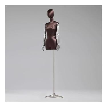 Imagem de Torso de manequim feminino de seda com suporte de metal prateado, cabeça giratória removível e braço de manequim, altura ajustável de 47 a 84 pol.(Brown)