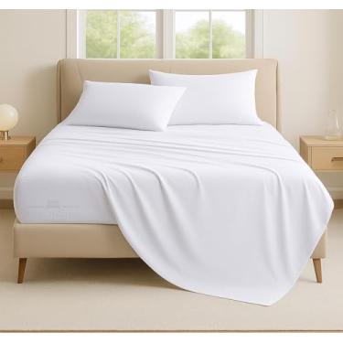 Imagem de 600 fios 100% algodão egípcio penteado macio, conjunto de 4 peças, tecido de cetim macio e macio, lençóis de cama extra macios, lençóis refrescantes, bolso profundo (Queen, branco liso)