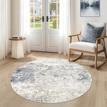 Imagem de DMOYEST Tapete redondo de 1,2 m para sala de estar - 10 x 10 cm, lavável, grande, macio, neutro, moderno, abstrato, tapete para quarto, sala de jantar, casa de fazenda, escritório em casa - bege azul