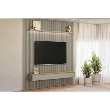 Imagem de Home p/ TV até 90 Pol Modular 2.6 Ripado c/ 2 Portas 1 Prat. 258x250cm Tauari/Gris Fosco - Linea Brasil