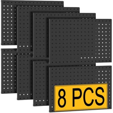 Imagem de PBHEPJ 8 peças de painéis de metal Pegboard, placas de pinos resistentes para armazenamento de ferramentas de garagem e jardim, inclui kits de âncoras e parafusos de drywall, preto (8 peças 40,6 cm x