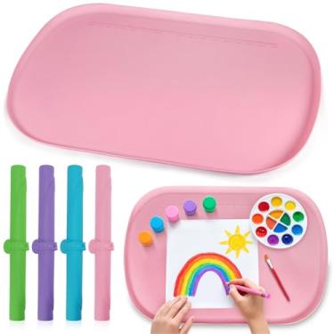 Imagem de Tapetes de arte de silicone para crianças 61 x 40 cm, tapetes de silicone para artesanato com bordas elevadas, tapetes de pintura para bricolage, tinta, artesanato, argila, fabricação de joias (rosa)