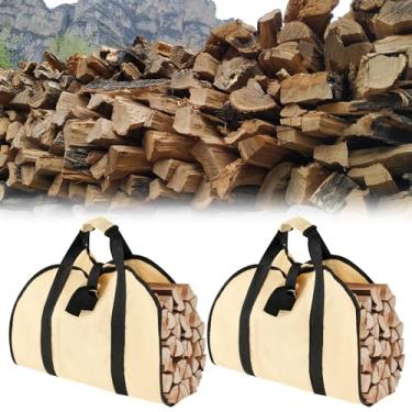 Imagem de 2 sacolas de lenha, bolsa de transporte de lenha de tecido Oxford com alças, bolsa de lenha de grande capacidade, bolsa de transporte fácil de empilhar lenha ajustável para lareira e acampamento (bege