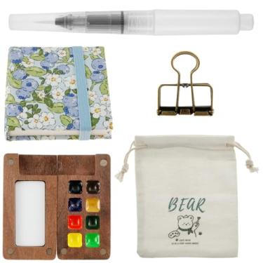 Imagem de Mini conjunto de paleta de aquarela portátil, caixa de tinta quadriculada de madeira, kit de viagem para paleta de tinta, mini conjunto de tinta aquarela, canetas de pincel para esboços de aquarela