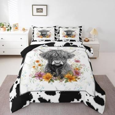 Imagem de Feelyou Conjunto de edredom Queen de vaca Highland para crianças, adolescentes, floral, pele de vaca (não real), conjunto de edredom preto, 3 peças com 2 fronhas